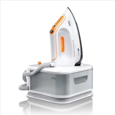 Bild av Braun CareStyle Compact Pro IS 2561 WH ångstrykningsstation, ångstrykjärn med FreeGlide 3D stryksula, vertikal ånga, 2 400 W, pumptryck 6 bar, ångpuff g/min, stor 1,5 l vattentank, vit/orange