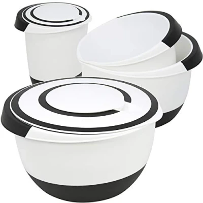 Bild av COM FOUR® 4x blandningsskålar i olika storlekar, halksäkra med gummibas, hällpip och halkskydd (04 stycken vit. svart)