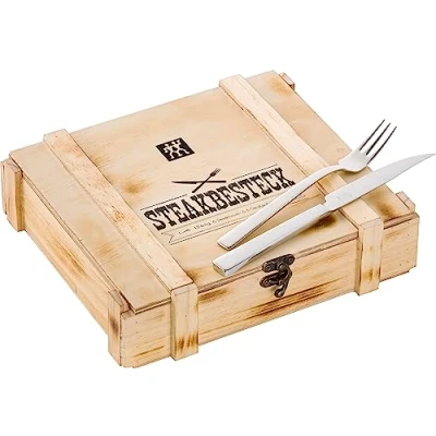 Bild av ZWILLING Köttbestickset för 6 personer, 12 delar, köttknivar och köttgafflar, Inkl. förvaringslåda av trä, Rostfritt stål / Trä