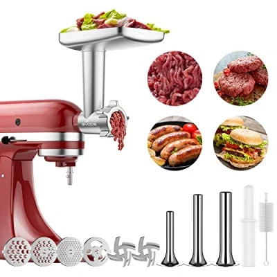 Bild av mat för fastställande köttkvarn kompatibel med KitchenAid Mix stativ ingår 2 korv. användbart tillbehör mixer som processor