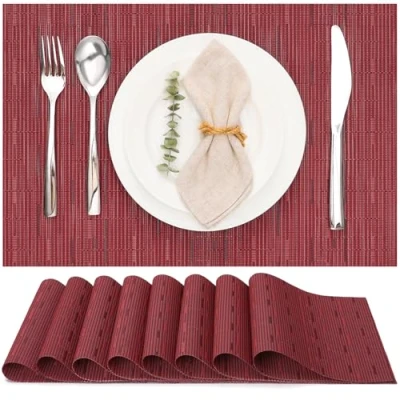 Bild av Myir JUN bordsmattor set med 8, bordstabletter tvättbara halkfria värmeisolerande vävd vinyl för kök matsal restaurang 45 x 30 cm (röd)