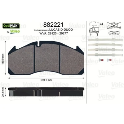 Bild av VALEO 882221 Jeu de plaquettes frein OPTIPACK contact signal d&#039;usure exclu avec kit vis fixation VOLVO: FH, FL