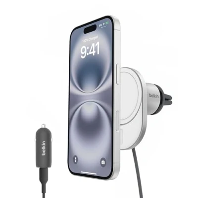 Bild av Belkin BoostCharge Pro magnetisk 15W trådlös Billaddare med Qi2, MagSafe kompatibel laddare, mobilhållare för iPhone 16, 15, 14, 13, 12, USB C kabel och strömförsörjning på 20W ingår