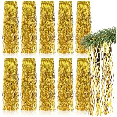Bild av com four® 10x glitter guldfärgad glittergirlang för jul julgransdekoration granen glittergardin med vågiga trådar