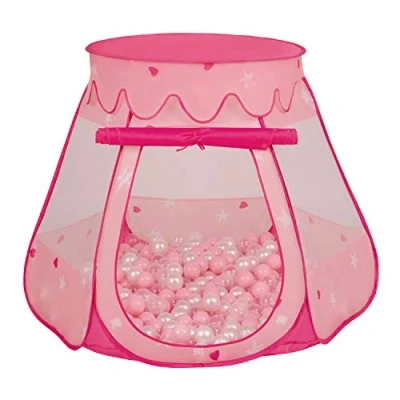 Bild av Selonis Lektält 105 x 90 cm/100 bollar, slott, hus, pop up bollhav, plastbollar för barn, rosa: puderrosa pärla genomskinlig