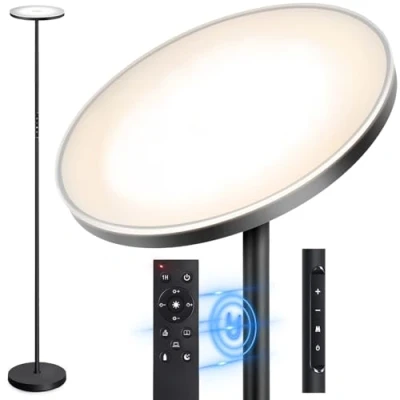 Bild av Outon Golvlampa, LED, dimbar, 30 W, 3 000 lumen, modern taklampa, steglös, med 4 färgtemperaturer, fjärrkontroll och touch kontroll, 1 H timer för vardagsrum, sovrum, kontor, svart