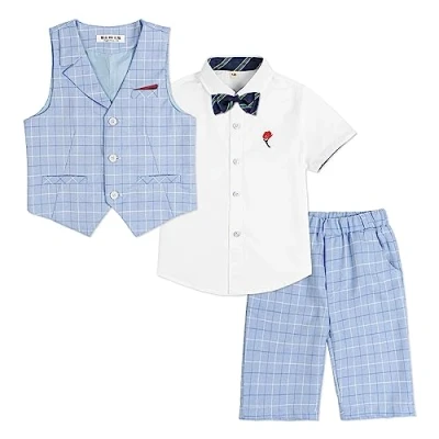 Bild av 4 delad västkostym för barn, set med shorts bröllopsfesten, outfit pojkar, väst, skjorta, shorts, fluga, Blått ruta, 2 3 År