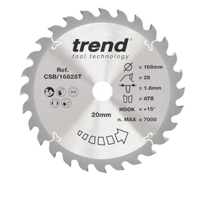 Bild av Trend Wood sladdlös cirkelsågblad, 168 mm diameter, 20 borrning, 28 tänder, 1,8 skärfog, +15 krok, TCT, medelyta, CSB/16828T