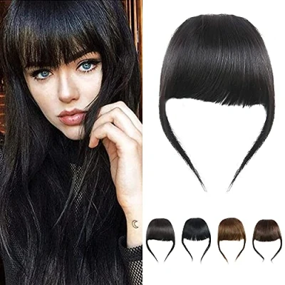Bild av Clip In Tjockt Hår Bangs Human Hair Fringe Real Bang Extension Obearbetad Frans, Naturlig Svart Färg