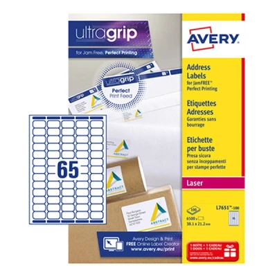 Bild av Avery L7651 100 vita självhäftande etiketter, 6 500 stycken, 38,1 x 21,2 mm, A4 papper, ark, för laserskrivare, förvaringsskydd, FSC adressering och frakt