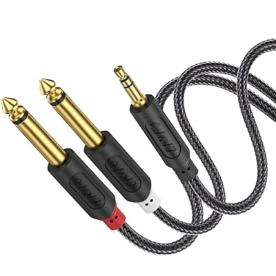 Bild av J&amp;D 3,5 mm till 2 x 6,35 mm, guldpläterad [AudioWave serien] 1/8 tum TRS hane 2x 1/4 TS manlig mono kabeldelare med PVC skalad hölje och nylonfläta 2.7 Meter