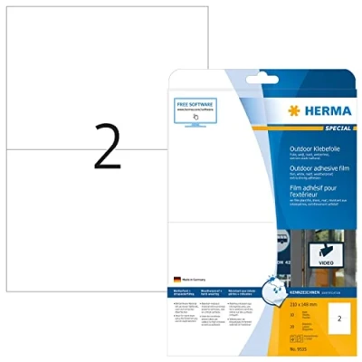 Bild av HERMA 9535 väderbeständiga folieetiketter A4 (210 x 148 mm, 10 ark, polyeten, matt) självhäftande, utskrivbara, extremt stark häftande utomhus filmetiketter, 20 klistermärken, vit