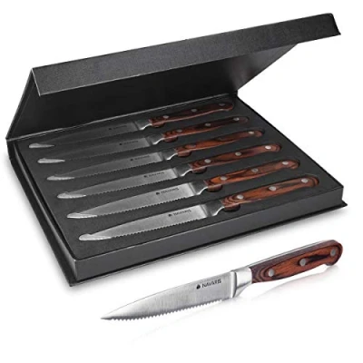 Bild av Navaris 6 x biffknivar, set med trähandtag bestickknivar delar bestickset i rostfritt stål och trä presentförpackning tandad stekbestick
