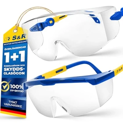 Bild av S&amp;R Skyddsglasögonset, 2 skyddsglasögon, överglasögon för glasögonbärare, slagtålig transparent polykarbonat, EN 166, justerbara skalmar, UV 400 skydd, skalm, tyg