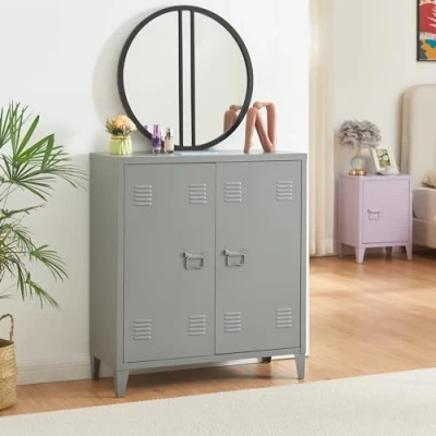 Bild av [en.casa] Metallskåp Oripää vardagsrumsskåp 90 x 80 33 cm arkivskåp verkstadsskåp med 2 dörrar och en höjdjusterbar hylla mörkgrå