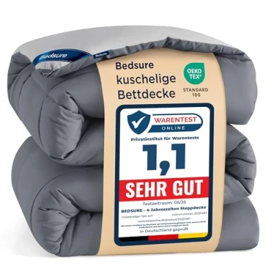 Bild av Bedsure täcke, vändbart året runt Oeko TEX certifierat, 300 g/m2, täcke för alla 4 årstider, mjukt och varmt allergiker, 100 % polyester, 135 x 200 cm, grått