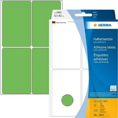 Bild av HERMA 2495 multifunktionsetiketter stora (52 x 82 mm, 32 ark, papper, matt) självhäftande, permanenta hushållsetiketter för handskriven märkning, 128 klistermärken, grön