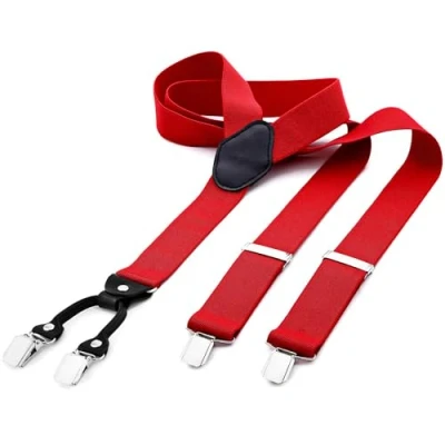 Bild av DonDon breda hängslen 3,5 cm 4 clips med läder i Y form elastisk och längdjusterbar röd
