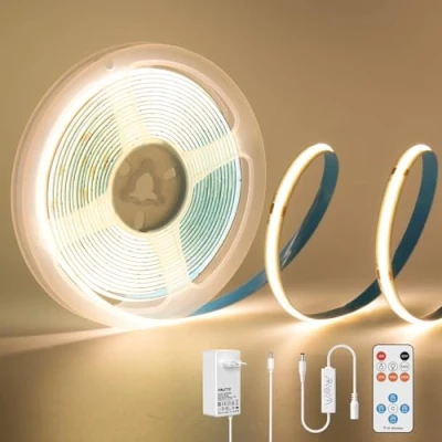 Bild av PAUTIX COB LED remsa varmvit 3 000 K, m 1440LEDs 24 V CRI90+ dimbar ljusbandssats med RF fjärrkontroll och strömförsörjning för spegel, tak, kök, garderob, garderob