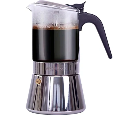 Bild av VeoHome Moka Express Kaffebryggare i Glas och Rostfritt Stål 360 ml Kanna Induktion, Gas, Keramik Espresso Stil, 7 Koppar, Säker Diskmaskinsäker