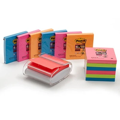 Bild av Post it Dispenser för skrivbordet i vit/transparent Super Sticky Z Notes, praktisk hjälpare kontor och skolarbete med 12 extra klisterblock