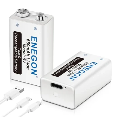 Bild av ENEGON 650 mAh 9 V batteri med direkt USB 2 i 1 kabel, pack uppladdningsbara litiumbatterier för elgitarr, röklarm, metalldetektor, mikrofon, walkie talkie och fler enheter