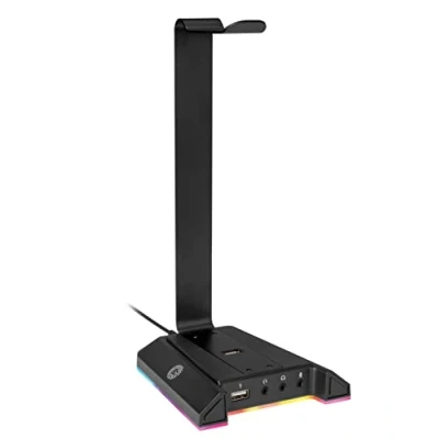 Bild av myWall HK2L hörlurshållare, hörlursstativ med RGB ljuseffekt och 7,1 virtual surroundeffekt, 2 USB portar, spelheadset stativ för alla hörlurar i svart, 11,8 cm