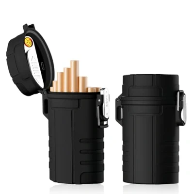 Bild av Vegena cigarettfodral med tändare, 2 stycken USB uppladdningsbar cigarettbox, stormtändare cigarettfodral, vattentät cigarettdispenser för cigaretter 20