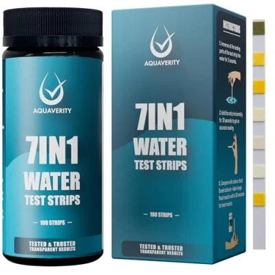 Bild av testremsor för spa, 100 pool, spa och total alkalinitet, hårdhet, fritt klor, brom, pH, cyanursyra totalt testkit