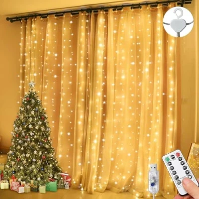 Bild av Lezonic Ljusslinga, 3 m x 300 LED ljusslingor med 8 lägen fjärrkontroll timer justerbar ljusstyrka, gardinlampa för sovrum, trädgård, fest, bröllop, jul (varmvit)