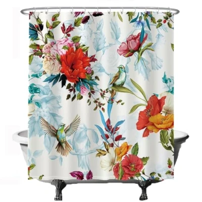Bild av Ulticool Duschtält Fågel Naturblomma 180 x 200 cm Badrumstält Tvättbar Mögel med 12 ringar Vit Flowers Röd Rosa Orange Blå Lila Grön