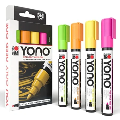 Bild av Marabu 124000004000 YONO märkpenna set neon med 4 färger, mångsidiga akrylpennor japansk rund spets 1,5 3 mm, vattenbaserad, ljussnabb och vattentät, för nästan alla ytor