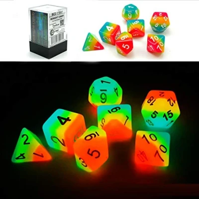 Bild av Bescon DICE Fantasy regnbåge lysande polyhedral tärning 7 st set midnatts candy, RPG tärningsset lyser i mörkret, nyhet DND speltärning d4 d6 d8 d10 d12 d20 d% tegelbox