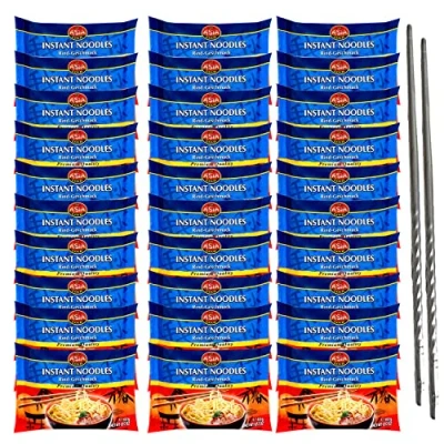 Bild av Uppsättning av 30 Asia Gold Instant nudlar ramen I smak nötkött x 60 g färdig maträtt plus 2 uppsättningar ekologiska ätpinnar bambu