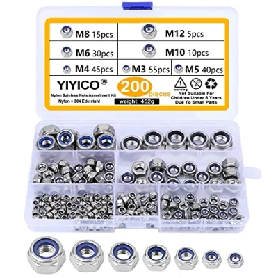 Bild av YIYICO Bromsmutter sexkantiga låsmutter 200 st självlåsande mutter rostfritt stål M3 M4 M5 M6 M8 M10 M12 nylon silver för skruvbult