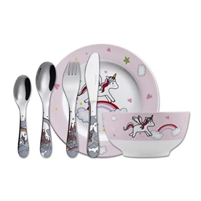 Bild av Exzact Barnmiddagsset/bestickpresentset 6 delar rostfritt stål/procelain keramikset 1 x skål, tallrik, middagskniv, gaffel, tesked, bordssked (Unicorn presentset)