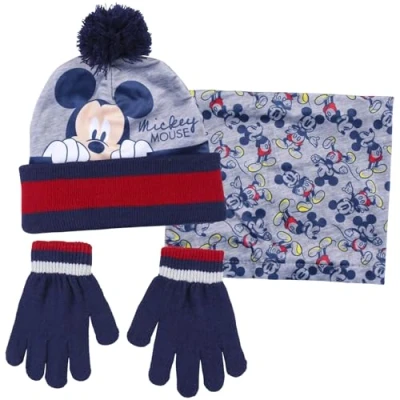 Bild av Disney pojkar Musse Pigg 3 delar vinter set mössa + handskar snood halsduk, Blå/röd, 2 8 År