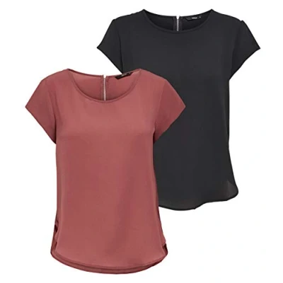 Bild av ONLY Onlvic S/S Solid AOP Top Ptm T shirt, bluströja, kortärmad, 2 pack (1 x Apple Butter/1 svart), 40
