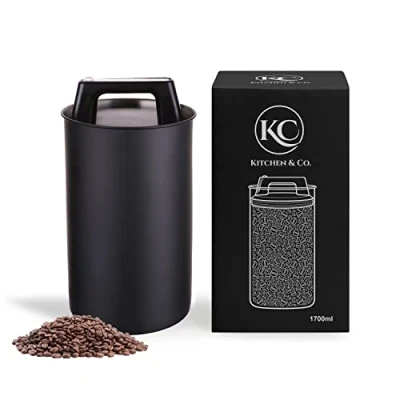 Bild av Lufttät kaffebehållare för 500 g kaffebönor med vakuumlock (behållare kaffe, te, behållare i rostfritt stål förvaring aromstängning, förvaringsburk kaffe) matt svart (1 700