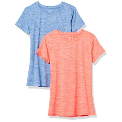 Bild av Amazon Essentials Dames Tech stretchig kortärmad T shirt med rund hals (finns i plusstorlek), 2 Pack, Korallorange Rymdfärg/Ljusblå Rymdfärg, XS