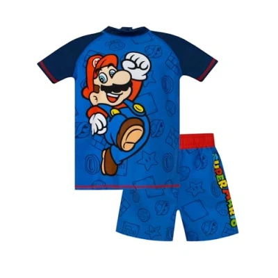 Bild av Super Mario Pojkarnas Simset Tvådelad Baddräkt Gaming Barn Rash Vest och Simshorts Blå 104