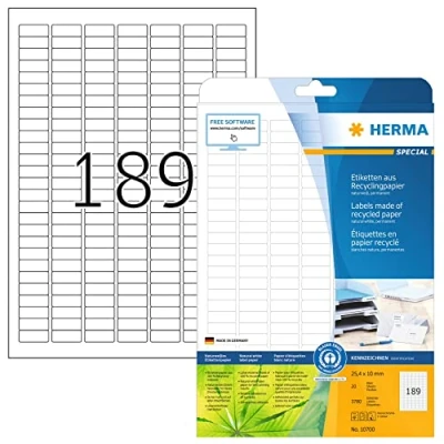 Bild av HERMA 10700 återvinningsetiketter, 20 ark, 25,4 x 10 mm, 189 per A4 200 stycken, självhäftande, tryckbara, matt, blankt återvunnet papper, självhäftande etiketter klistermärken, naturvit