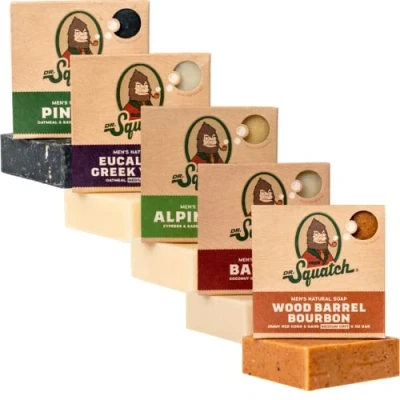 Bild av Dr. Squatch All Natural Soap Bar for Men, 5 Variety Pack Alpine Sage, Bay Rum, Pine Tar, Eucalyptus Greek Yogurt, Wood Barrel Bourbon