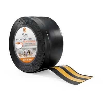 Bild av Quest Mjuk Golvlist Självhäftande, Sockellist 100 mm x 25 avslutningslist, bred böjbar list för väggar, golv PVC, flexibel, vattentät, dekorativ (Svart, 15m)