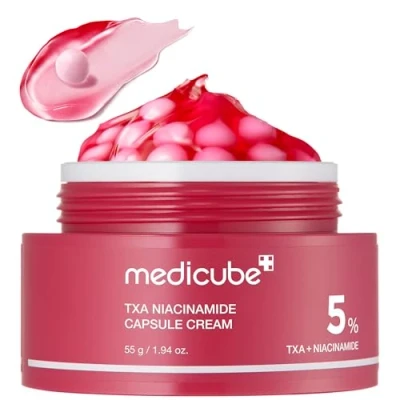 Bild av medicube TXA+Niacinamide Capsule Cream som nästa steg för att ta hand om fläckar, Ultimate Dual Radiance Moisturizer Ojämn hudton, konsistens, fukt tranexsyra