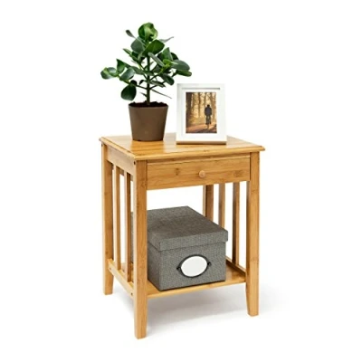 Bild av Relaxdays Sidobord i bambu med låda: 51,5 x 40,5 30,5 cm nattduksbord litet robust nattbord beroende bottenhylla, soffbord trä, naturligt