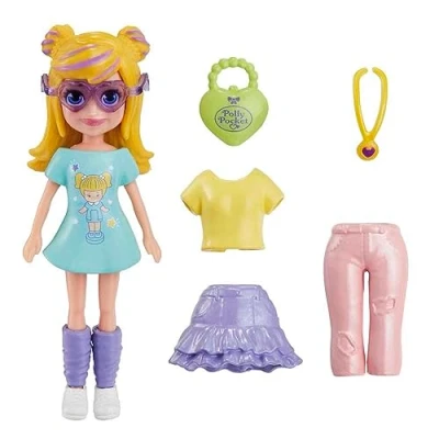 Bild av Polly Pocket Shimmer Fashion Pack Game Set innehåller en docka, extra kläder och tillbehör för flickor från 4 år äldre