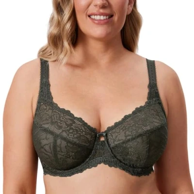 Bild av DELIMIRA Kvinnors Plus Size Minimizer BH Full täckning Lace Unfodred Underwire B K koppar Olivgrön 75E
