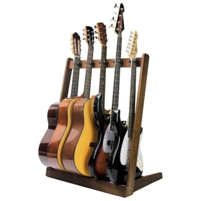 Bild av KingPoint golvstativ för flera gitarrer, trägitarrställ, gitarr, gitarrstativ med huvuden, golvgitarrställ gitarrplektrum och spår, universellt gitarrställ
