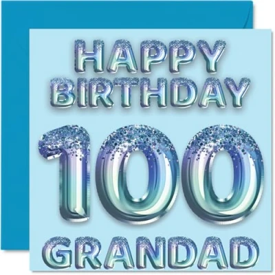 Bild av 100:e födelsedagskort för farfar blå glitter festballonger grattis på 100 år gammal från barnbarn, 145 mm x födelsedag gratulationskort present